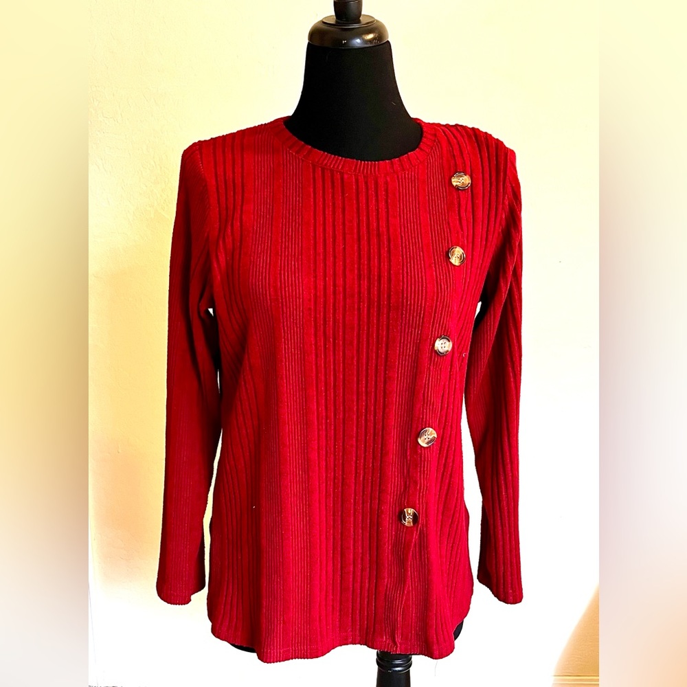 Red Sweater with Buttons and Slit Side. Polyester and Spandex for Stretch.